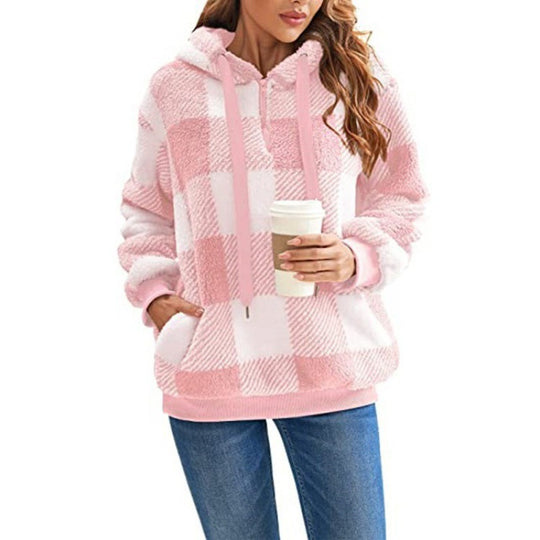 Damen Oversized Sherpa-Hoodie im Karomuster mit halbem Reißverschluss und Kängurutasche Nord Taschen