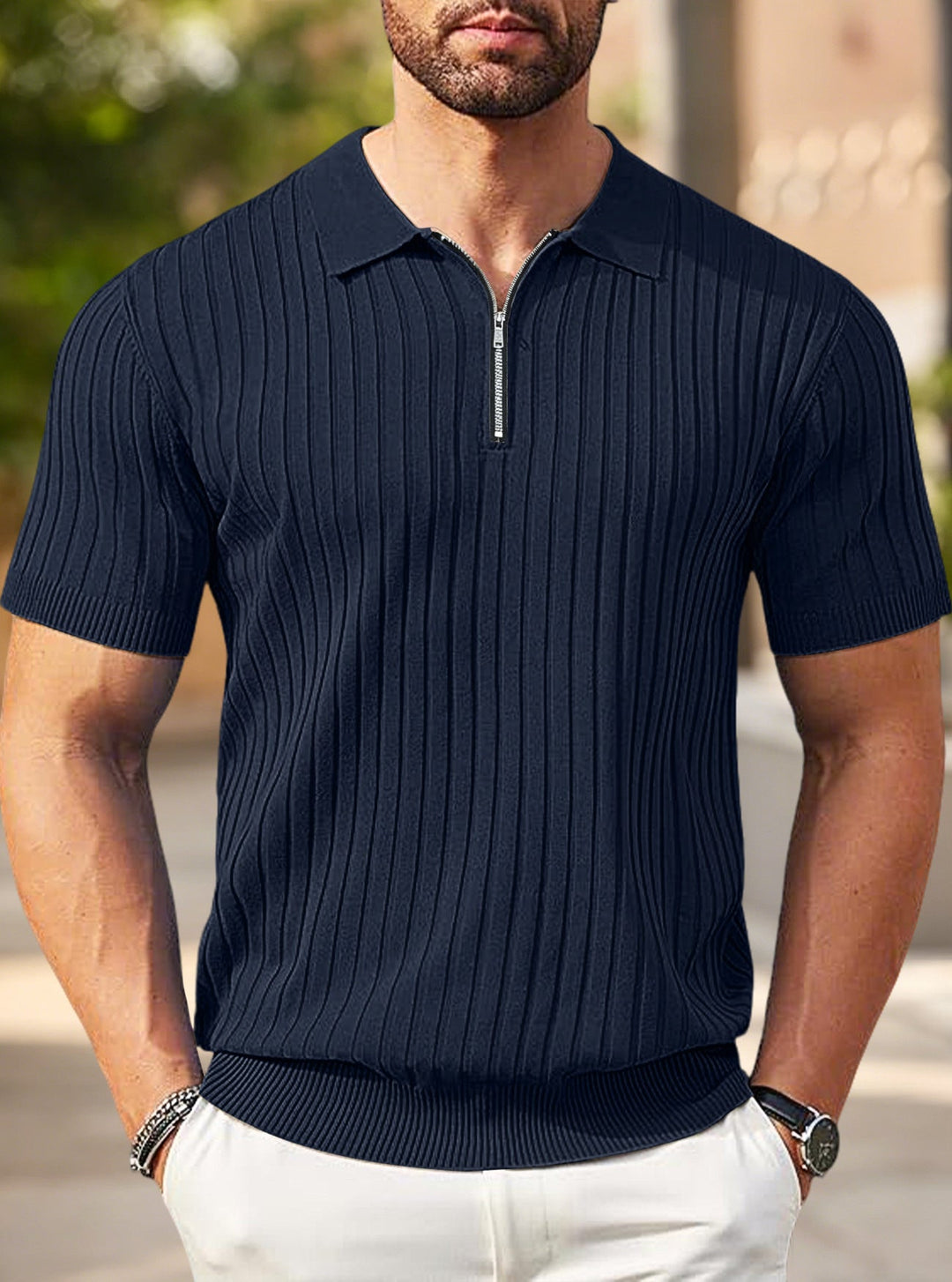Herren nan elegantes strukturiertes Kurzarm-Strickpolo mit kurzem Metallreißverschluss und Hemdkragen