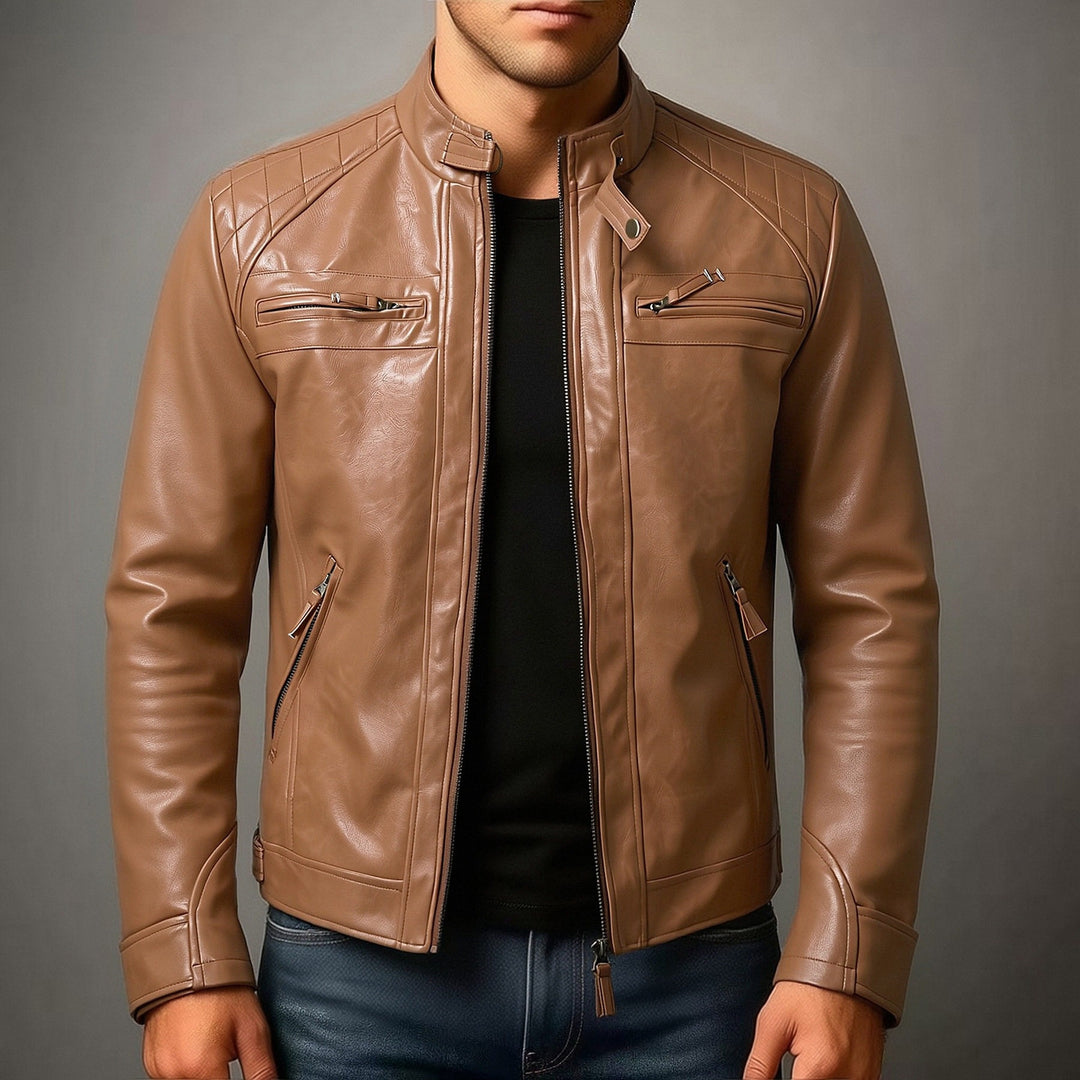 Herren Biker-inspirierte Kunstlederjacke mit Stehkragen, gesteppter Schulterpartie und Reißverschlusstaschen Nord Taschen