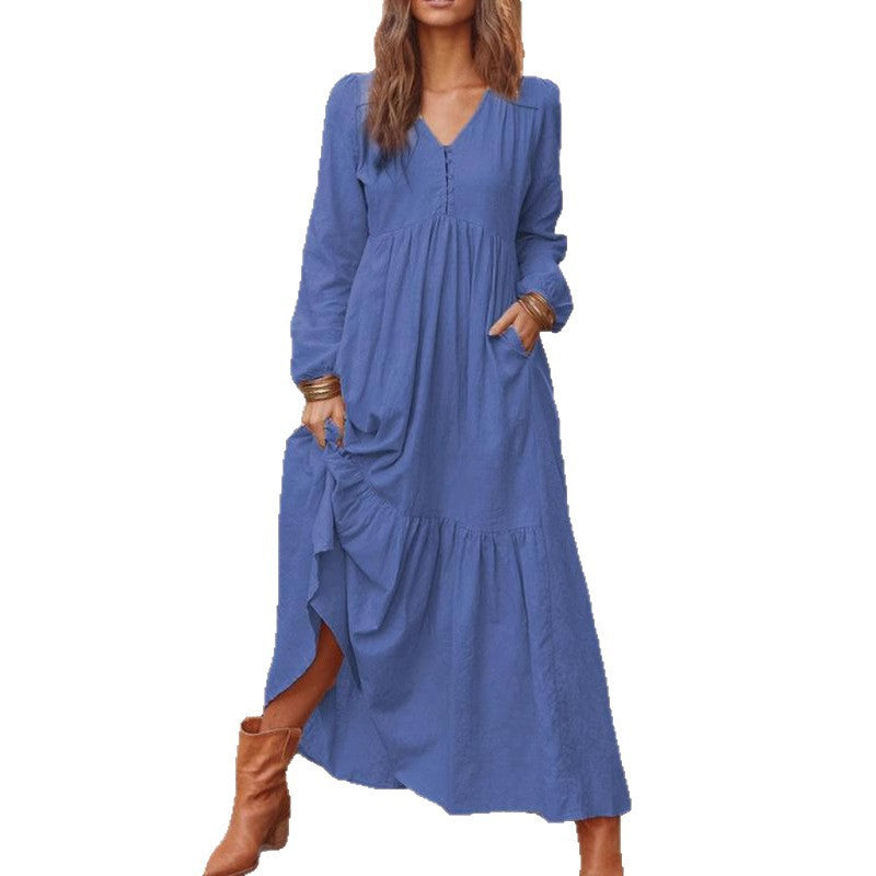 Damen Langes Stufenkleid aus Leinenmix mit V-Ausschnitt und Eingrifftaschen Nord Taschen