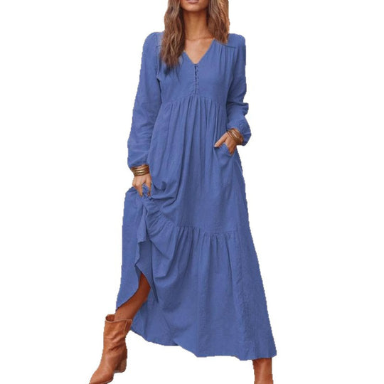 Damen Langes Stufenkleid aus Leinenmix mit V-Ausschnitt und Eingrifftaschen Nord Taschen