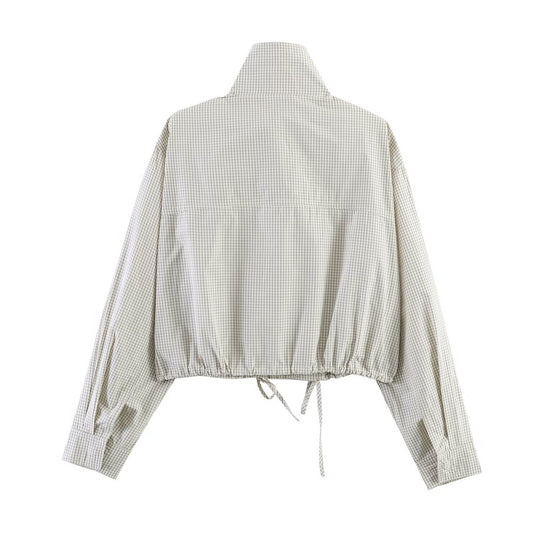 Damen Gekürzte karierte leichte Blousonjacke mit Stehkragen, Tunnelzugsaum und verdeckter Knopfleiste Nord Taschen