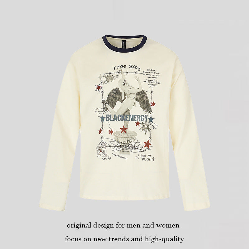 Damen Langarmshirt mit Vintage-Illustration, Kontrastkragen und Relaxed-Fit Nord Taschen