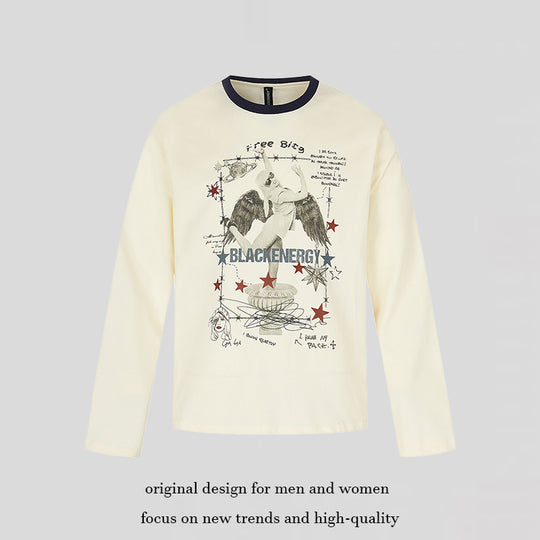 Damen Langarmshirt mit Vintage-Illustration, Kontrastkragen und Relaxed-Fit Nord Taschen