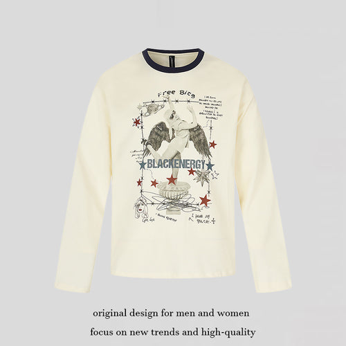 Damen Langarmshirt mit Vintage-Illustration, Kontrastkragen und Relaxed-Fit Nord Taschen