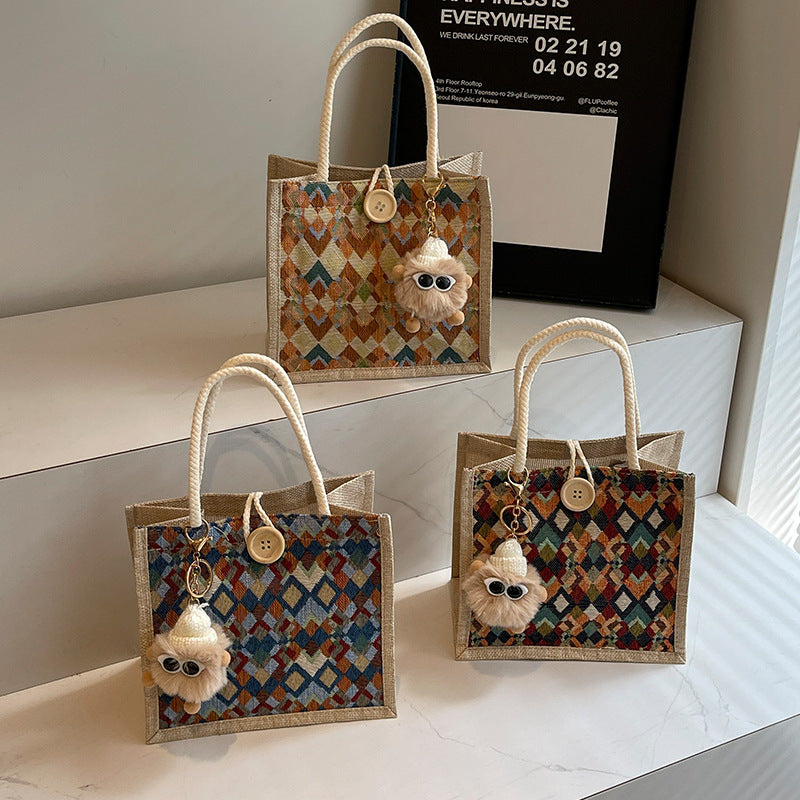 Damen Jute-Tragetasche mit buntem geometrischen Muster Nord Taschen