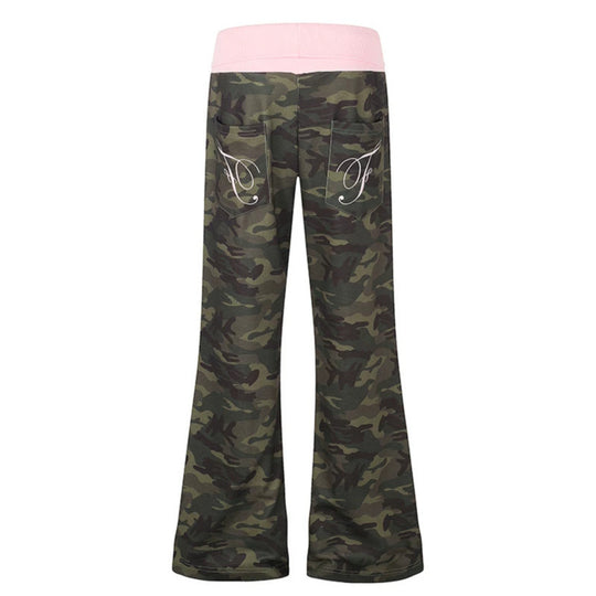 Damen Palazzo-Loungehose mit hohem Umschlagbund, Kordelzug und Camouflage-Muster Nord Taschen