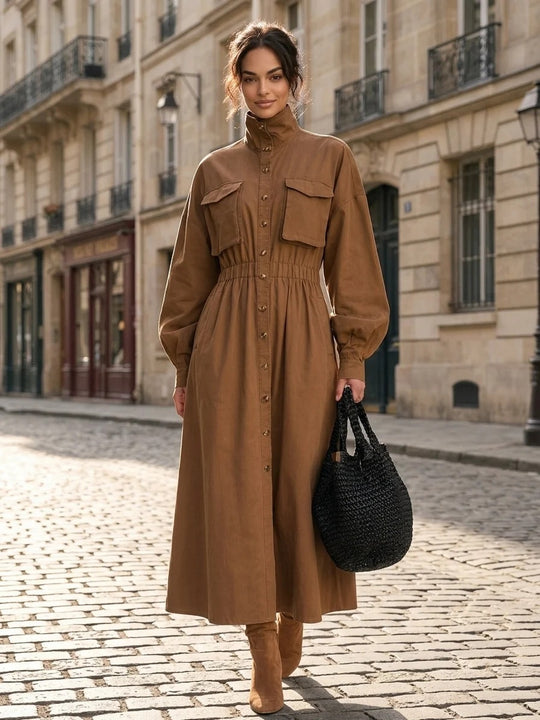 Damen Elegantes Hemdkleid mit Taschen und Taillengürtel Nord Taschen