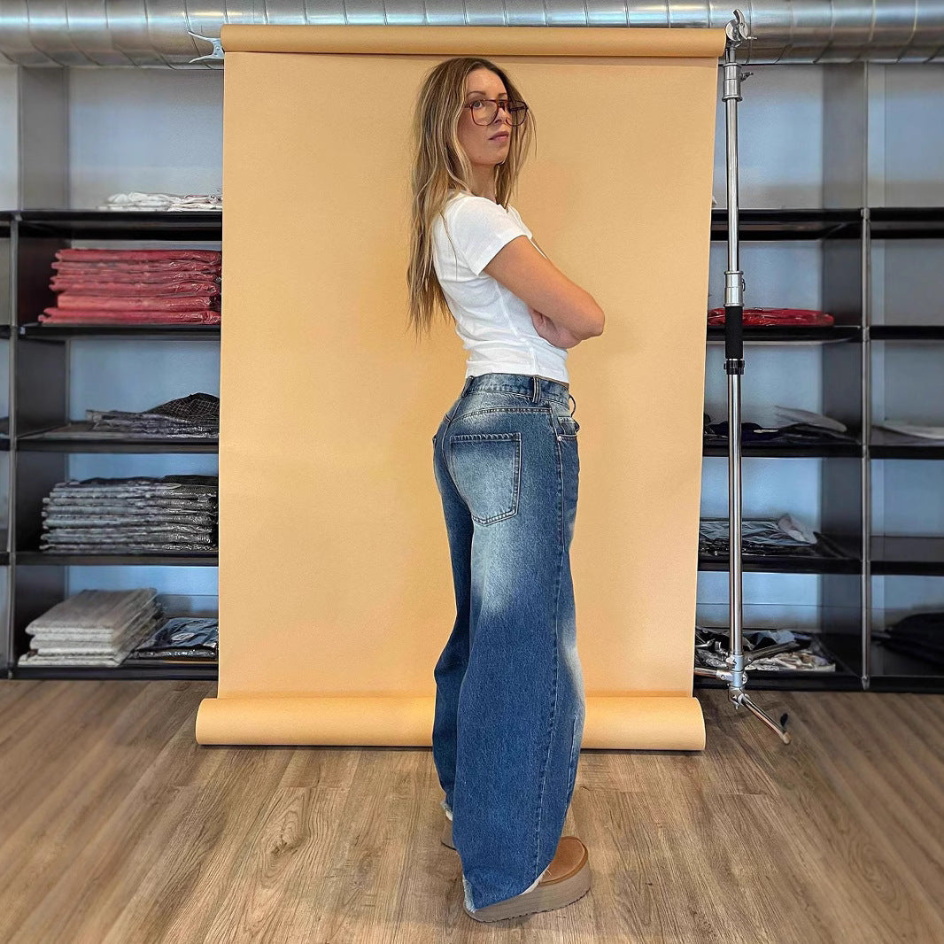Damen weite Baggy-Jeans mit tiefer Schrittnaht, markanten Knieabnähern und verstärktem Five‑Pocket‑Schnitt Nord Taschen