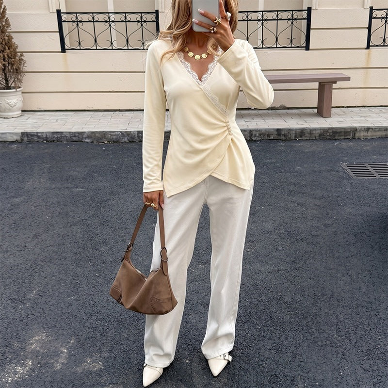 Damen Elegante Wickelbluse mit Spitzendetails Nord Taschen