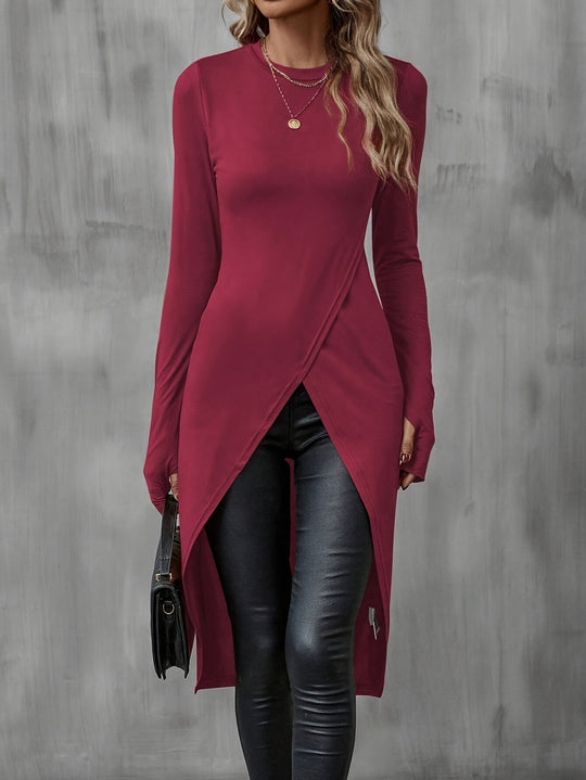 Damen Asymmetrische Langarm-Tunika mit Wickel-Saum Nord Taschen