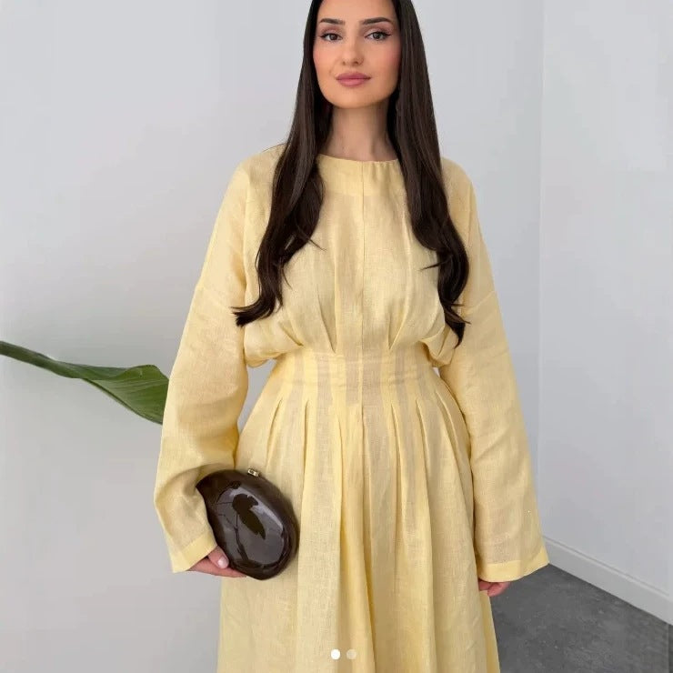 Damen Maxikleid mit plissierten Oberteilfalten, weitem Rock und langen Glockenärmeln Nord Taschen