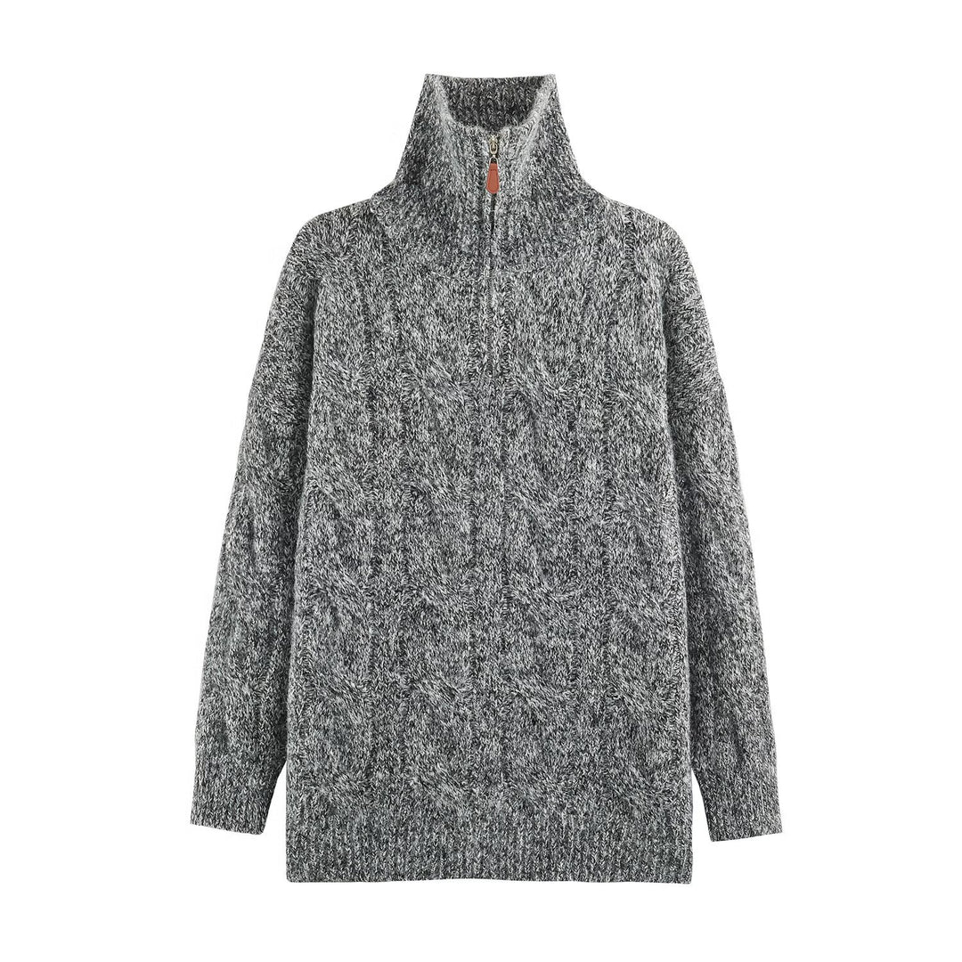 Damen Grobgestrickter Longpullover mit Zopfmuster und halbhohem Reißverschlusskragen Nord Taschen