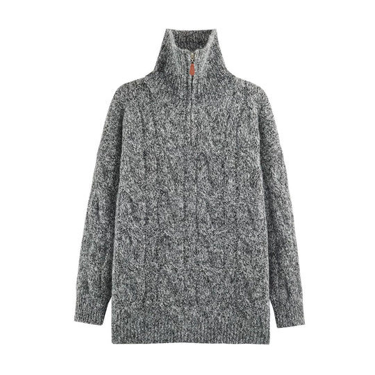 Damen Grobgestrickter Longpullover mit Zopfmuster und halbhohem Reißverschlusskragen Nord Taschen