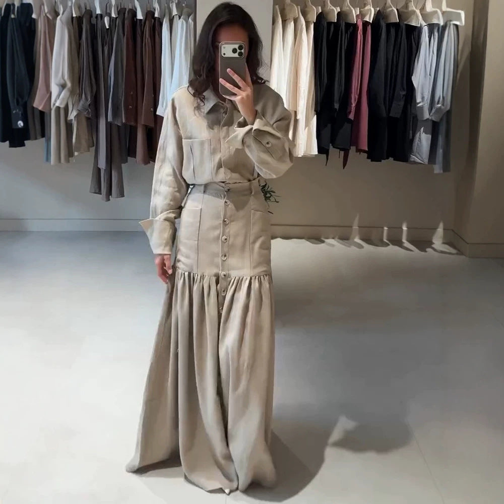 Damen Zweiteiliges Oversize-Hemd und Maxirock-Set mit hoher Taille & durchgehender Knopfleiste Nord Taschen