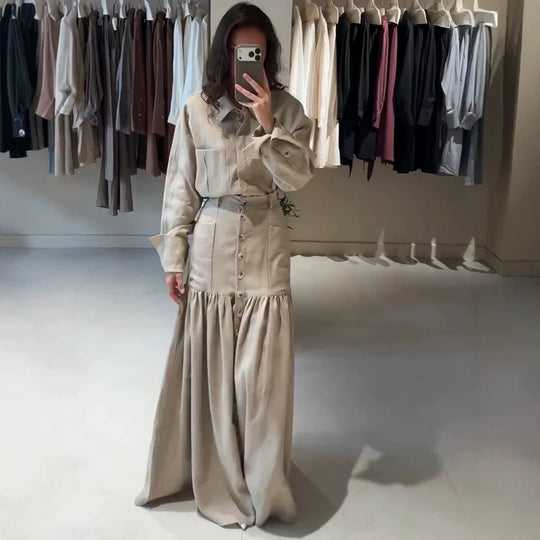 Damen Zweiteiliges Oversize-Hemd und Maxirock-Set mit hoher Taille & durchgehender Knopfleiste Nord Taschen