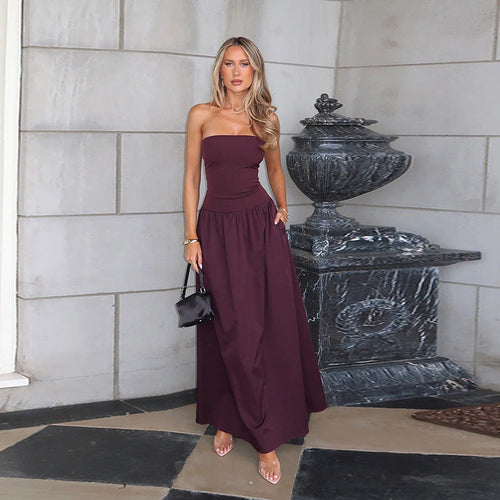Damen elegantes Bandeau-Maxi-Kleid mit schwingendem Rock und elastischem Bund