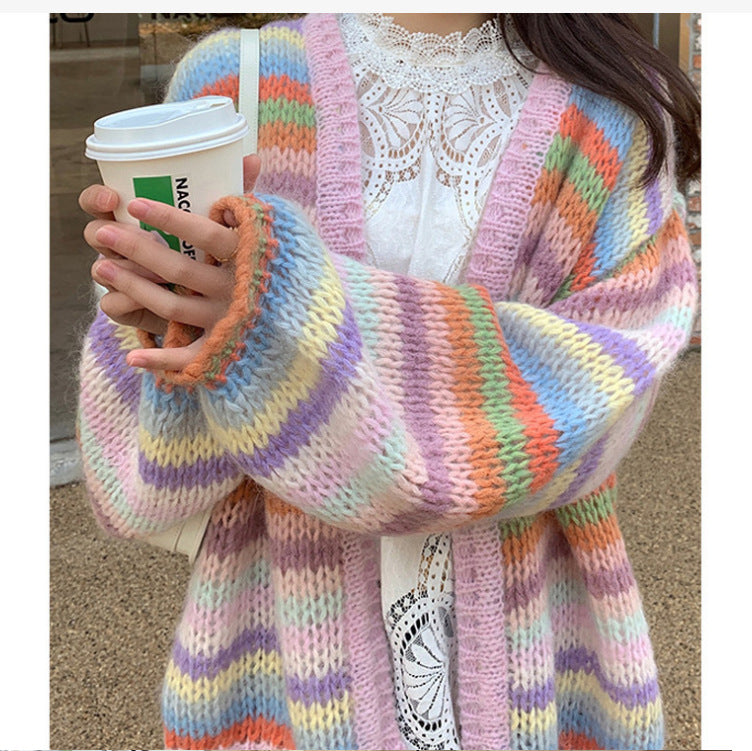 Damen Gemütlicher Strickcardigan mit buntem Streifenmuster und weitem Schnitt