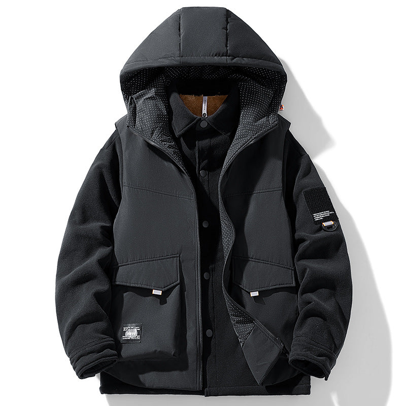 Herren Hybrid-Steppjacke mit Kapuze und Fleece-Ärmeln, Utility-Parka Nord Taschen