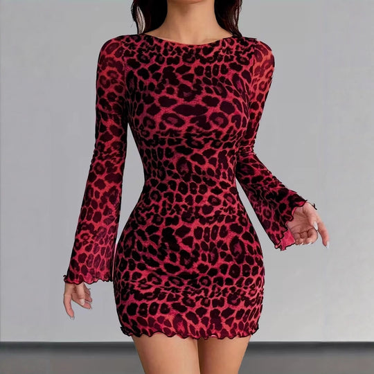 Damen Figurbetontes Mesh-Minikleid mit Leo-Print und Langarm Nord Taschen