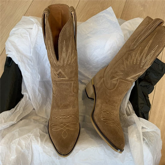 Damen Western-Cowboystiefel aus Veloursleder mit formstabilem Blockabsatz Nord Taschen