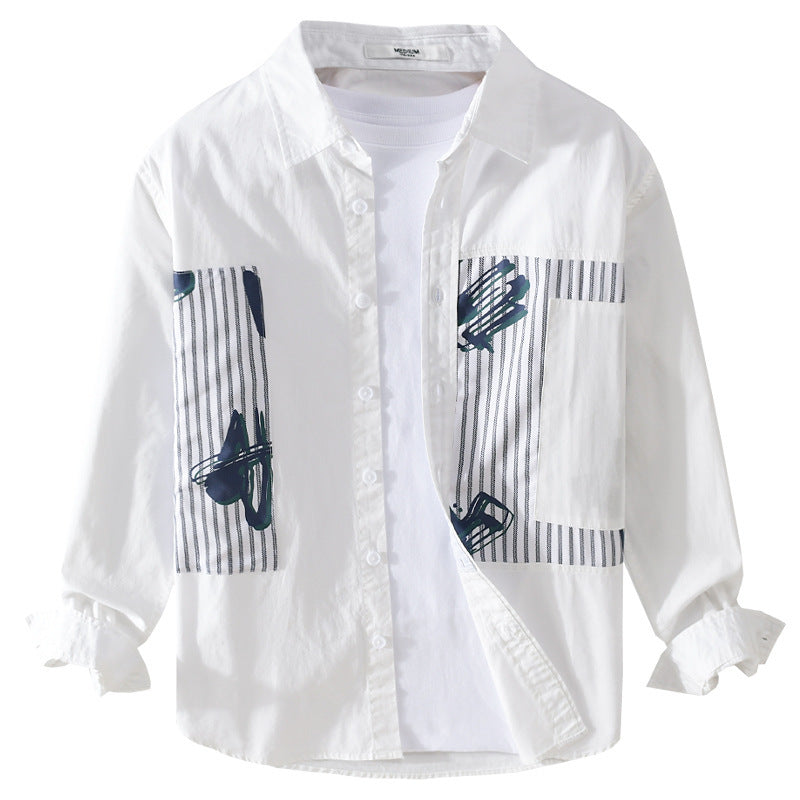 Herren Casual-Overshirt aus Baumwollpopeline mit gestreiften Patch-Einsätzen und Pinselprint Nord Taschen