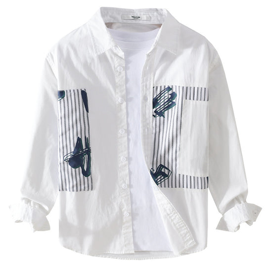 Herren Casual-Overshirt aus Baumwollpopeline mit gestreiften Patch-Einsätzen und Pinselprint Nord Taschen