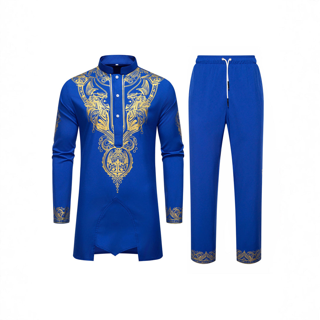 Herren Ornamentales Tunika-Set mit Stehkragen, Halbknopfleiste und goldverziertem Print Nord Taschen