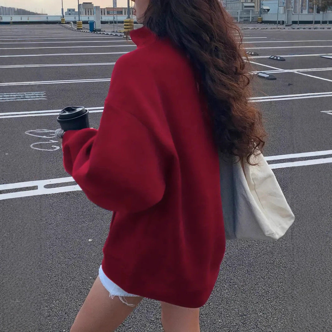 Damen oversized Hoodie mit kurzem Reißverschluss, hohem Stehkragen und Kängurutasche Minimalstick Nord Taschen