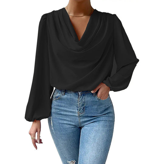 Damen elegante Bluse mit asymmetrischem Halsansatz und langen Ärmeln