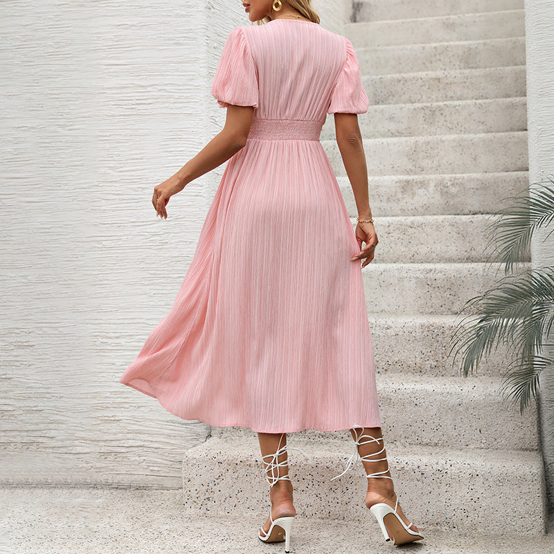 Damen Figurumschmeichelndes Midikleid mit Rippstruktur, Puffärmeln und V‑Ausschnitt Nord Taschen