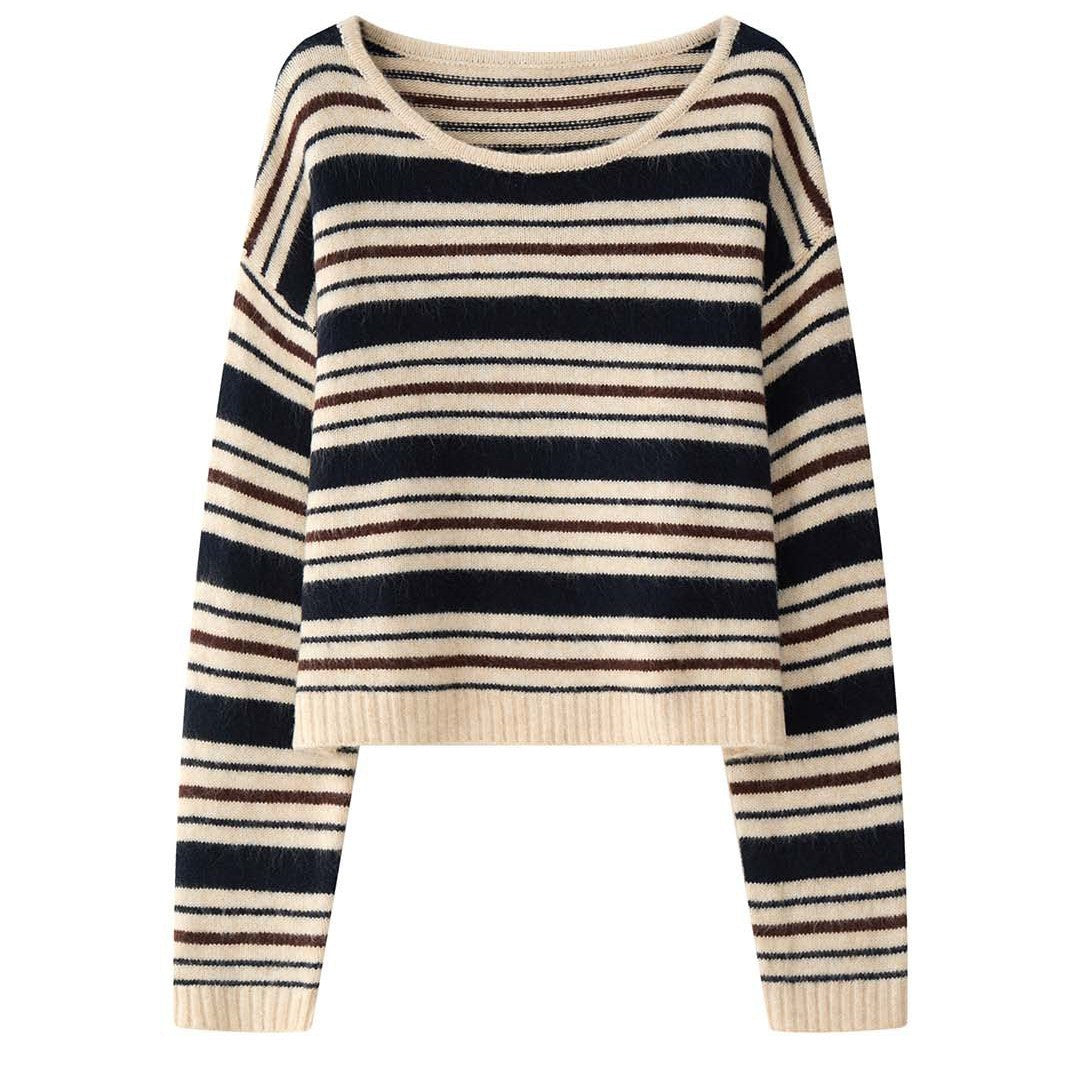 Damen Weicher Oversize-Streifenpullover mit U-Boot-Ausschnitt und Flauschoptik Nord Taschen
