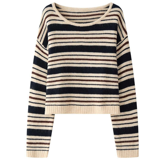 Damen Weicher Oversize-Streifenpullover mit U-Boot-Ausschnitt und Flauschoptik Nord Taschen