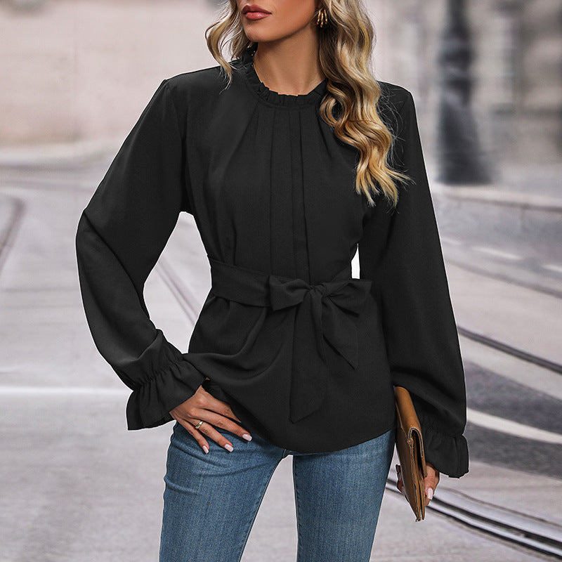 Damen Elegante Bluse mit Rüschendetails und Bindegürtel Nord Taschen