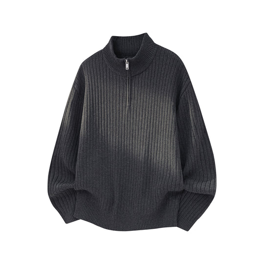 Unisex Weit geschnittener Rippenstrick-Pullover mit halbem Reißverschluss und Stehkragen Nord Taschen