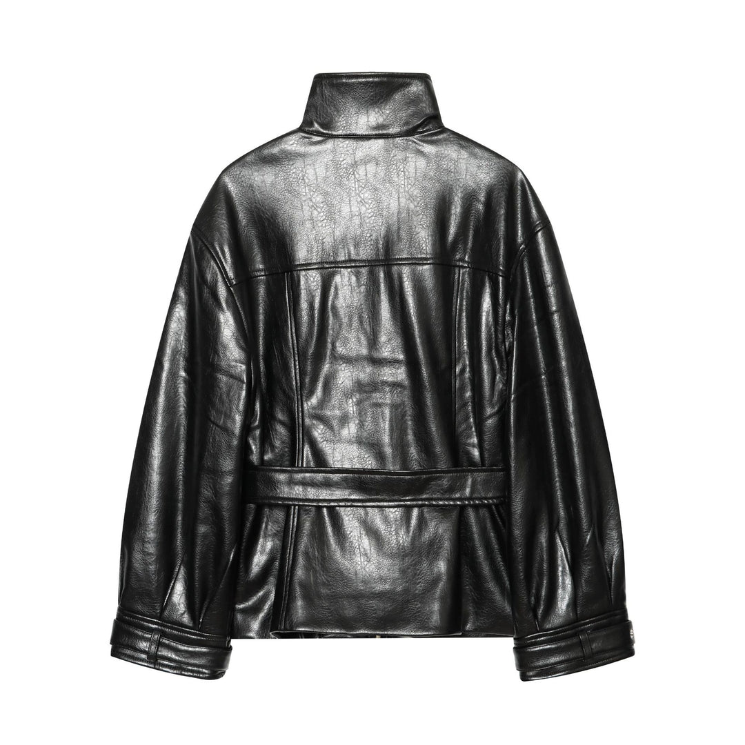 Damen Glänzende Kunstleder‑Blousonjacke mit hohem Funnelkragen und Taillengürtel Nord Taschen