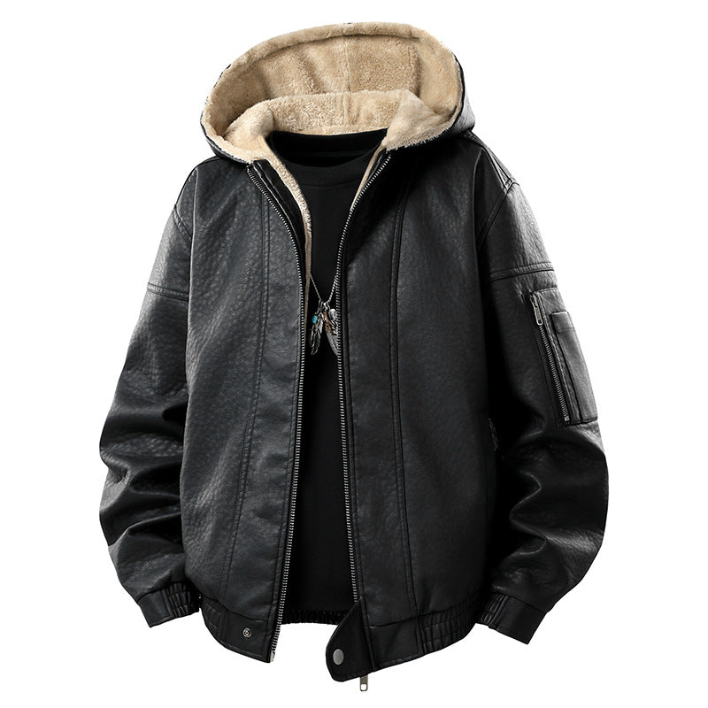 Herren Kunstleder-Bomberjacke mit Teddyfutter, Kapuze und Utility-Ärmeltasche Nord Taschen