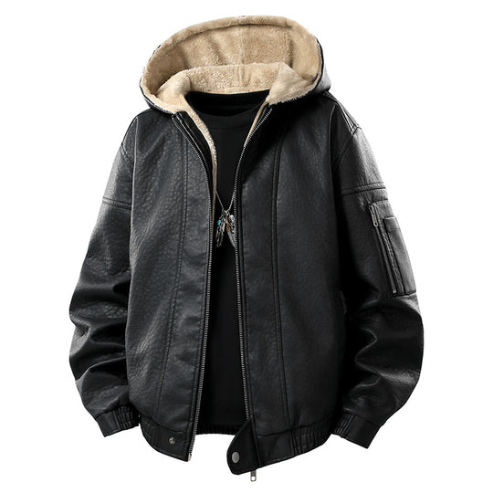Herren Kunstleder-Bomberjacke mit Teddyfutter, Kapuze und Utility-Ärmeltasche Nord Taschen