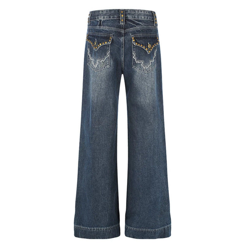 Damen Weite High‑Waist Denim Palazzo-Jeans mit weitem Bein und Vintage-Waschung Nord Taschen