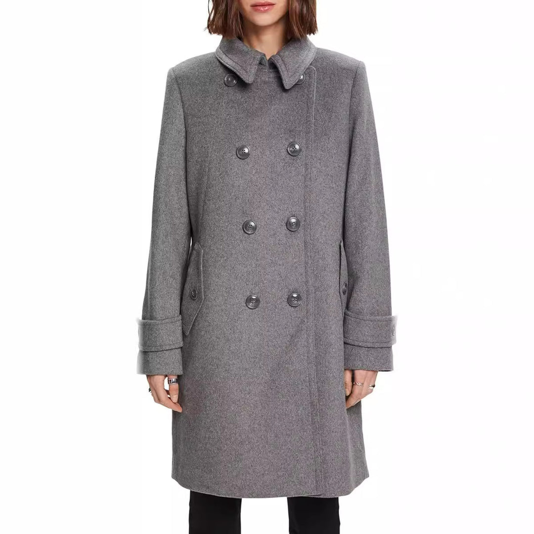 Damen Midilanger Doppelreihiger Marineinspirierter Wollmix-Peacoat mit Pattentaschen Nord Taschen