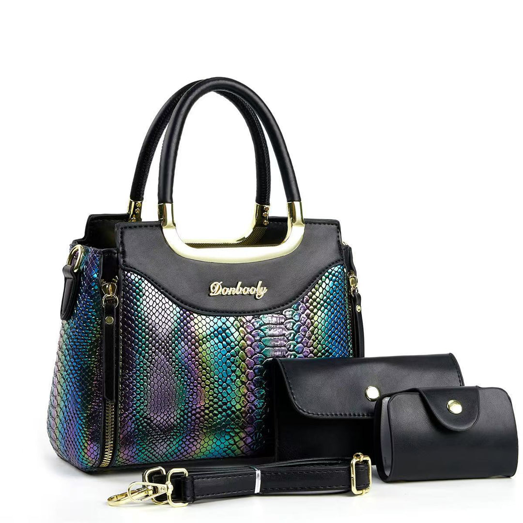 Damen stilvolle Handtasche mit Schlangenleder-Optik und abnehmbaren Accessoires Nord Taschen