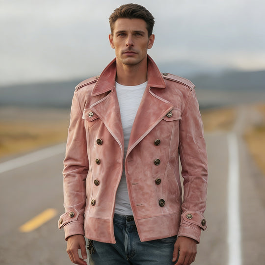 Herren Doppelreihige Lederjacke im Vintage-Look mit Schalkragen und Schulterklappen Nord Taschen