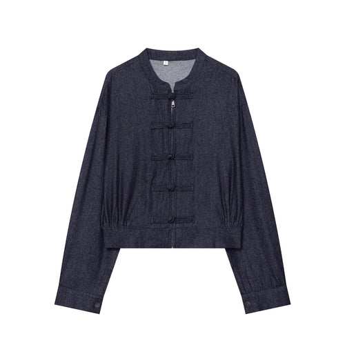Damen Cropped Jeansjacke mit Stehkragen und chinesischen Knebelverschlüssen Nord Taschen
