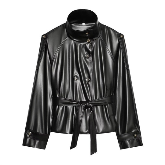 Damen taillierte Kunstlederjacke mit Stehkragen, Bindegürtel und doppelreihiger Knopfleiste Nord Taschen