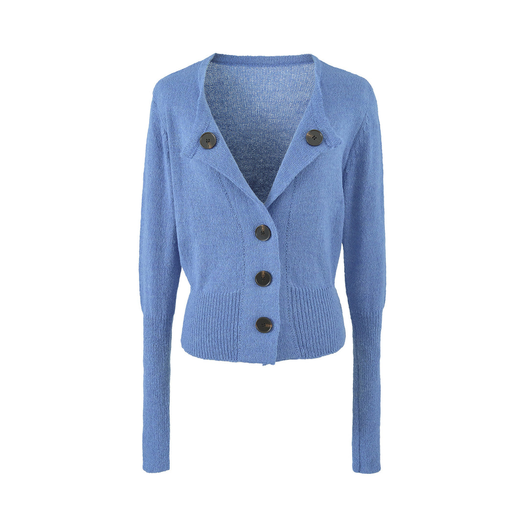 Damen Cropped-Taillierte Strickjacke mit Schalkragen und großen Zierknöpfen Nord Taschen