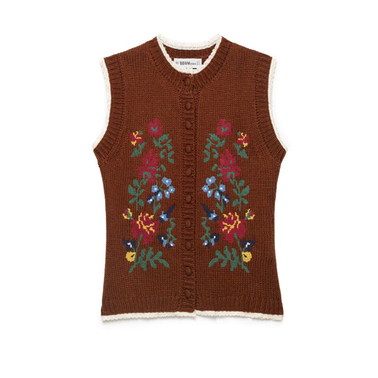 Damen Ärmellose Strickweste mit Blumenintarsien, Knopfleiste und gehäkeltem Saum Nord Taschen