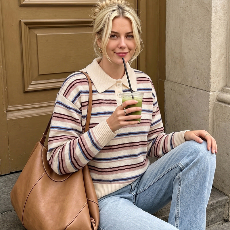 Damen Gestreifter Pullover mit Kragen Nord Taschen