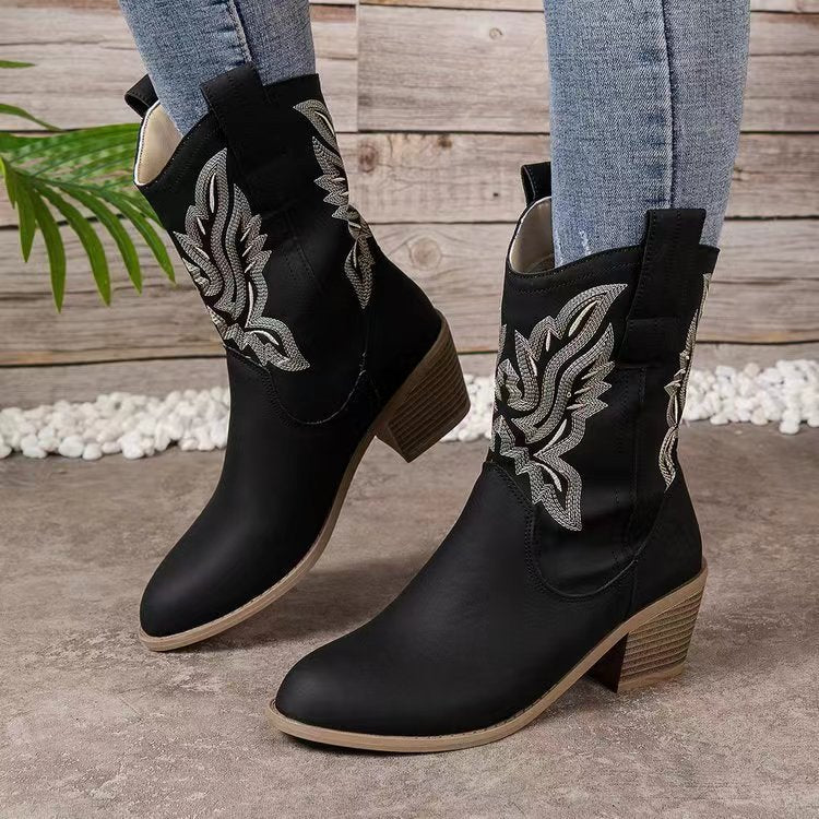 Damen Western-Boots im Vintage-Stil mit Stickerei, Schlupfprofil und leichtem Blockabsatz Nord Taschen