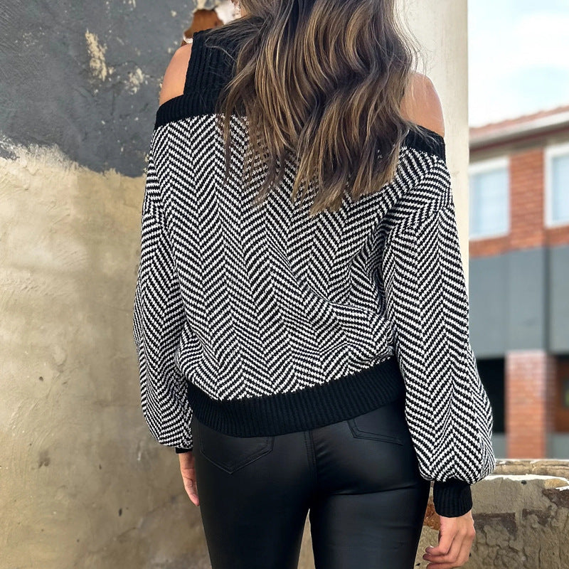 Damen Verspielter Strickpullover mit Schulterfreies Design Nord Taschen