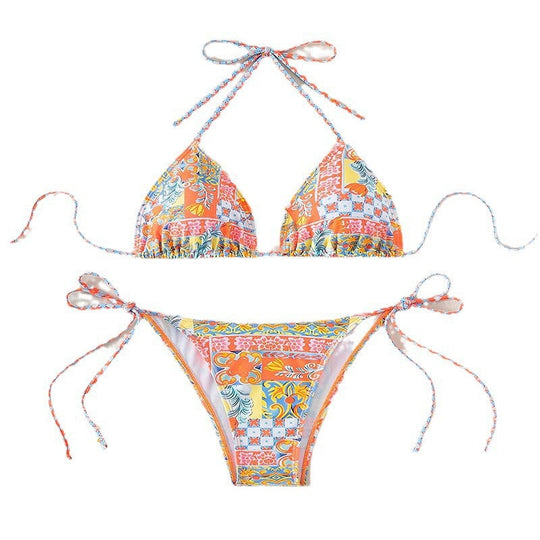 Damen Triangel-Bikini-Set mit verspielt floralem Muster und verstellbaren BindNord Taschenändern